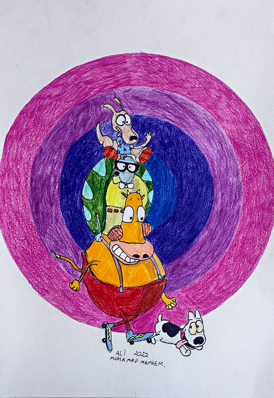 A FANTÁSTICA VIDA DE ROCCO POR ALI MENHEM TÉCNICA LÁPIS DE COR SOBRE PAPEL